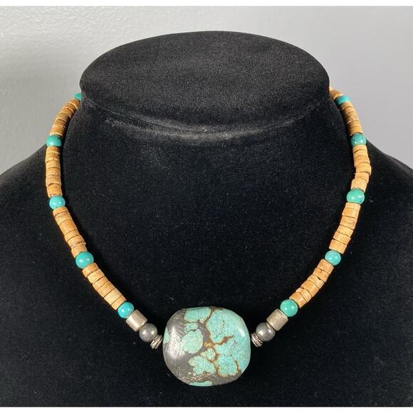 Vintage Tibetan Turquoise & Coconut Shell Collar Necklace Silver Clasp 15.5” - Picture 1 of 11